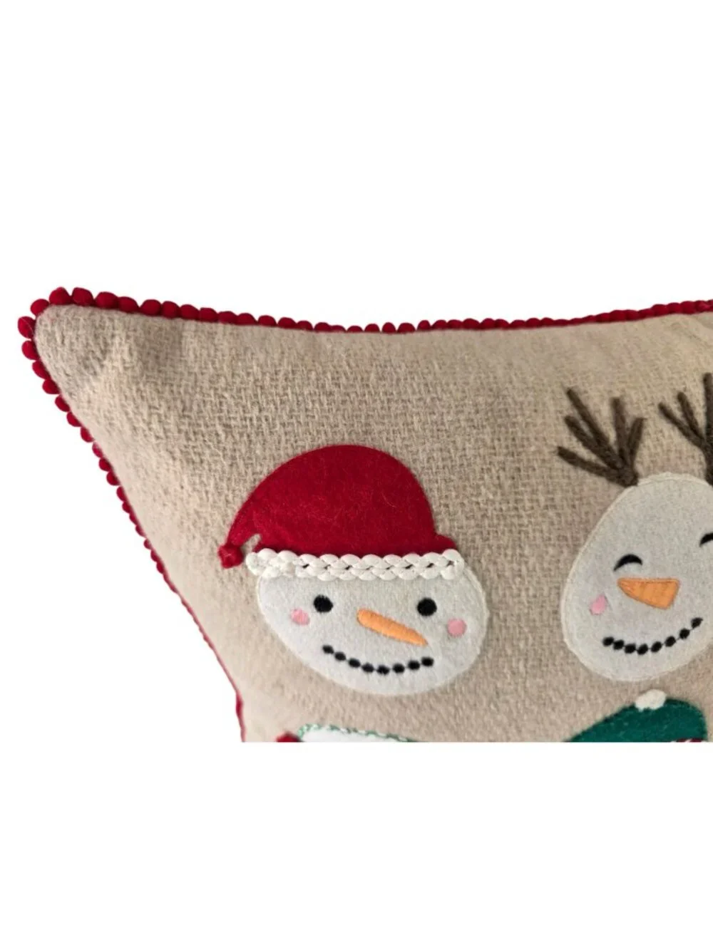 Sincerely Santa Wool Snowman Applique Pillow Cover Rectangle 20x16 Red on Beige